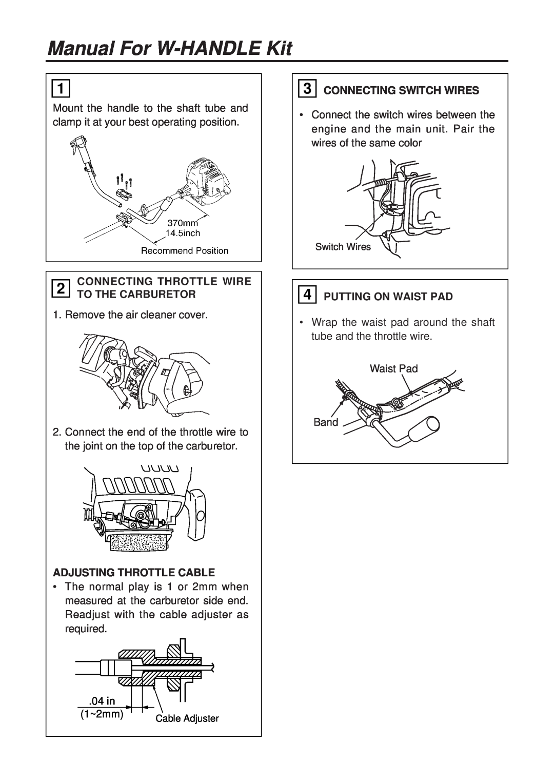 Zenoah T3002-95910(101) Manual For W-HANDLEKit, Connecting Throttle Wire, To The Carburetor, Adjusting Throttle Cable 