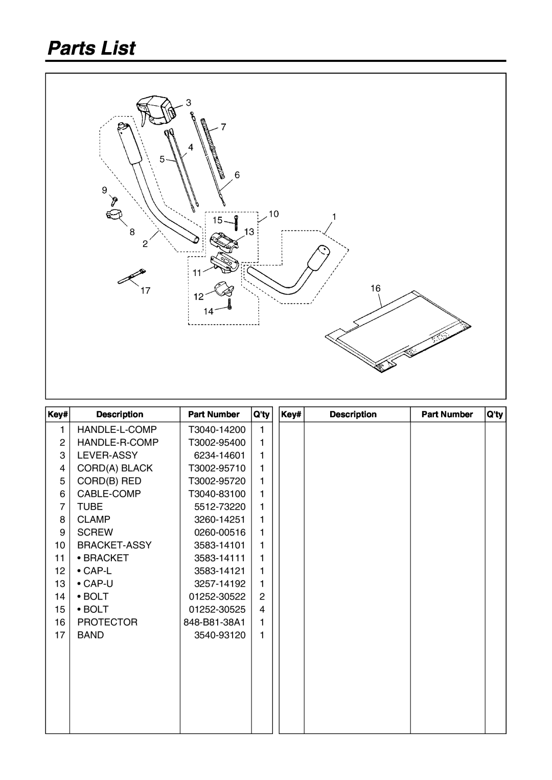 Zenoah T3002-95911 installation manual Parts List 