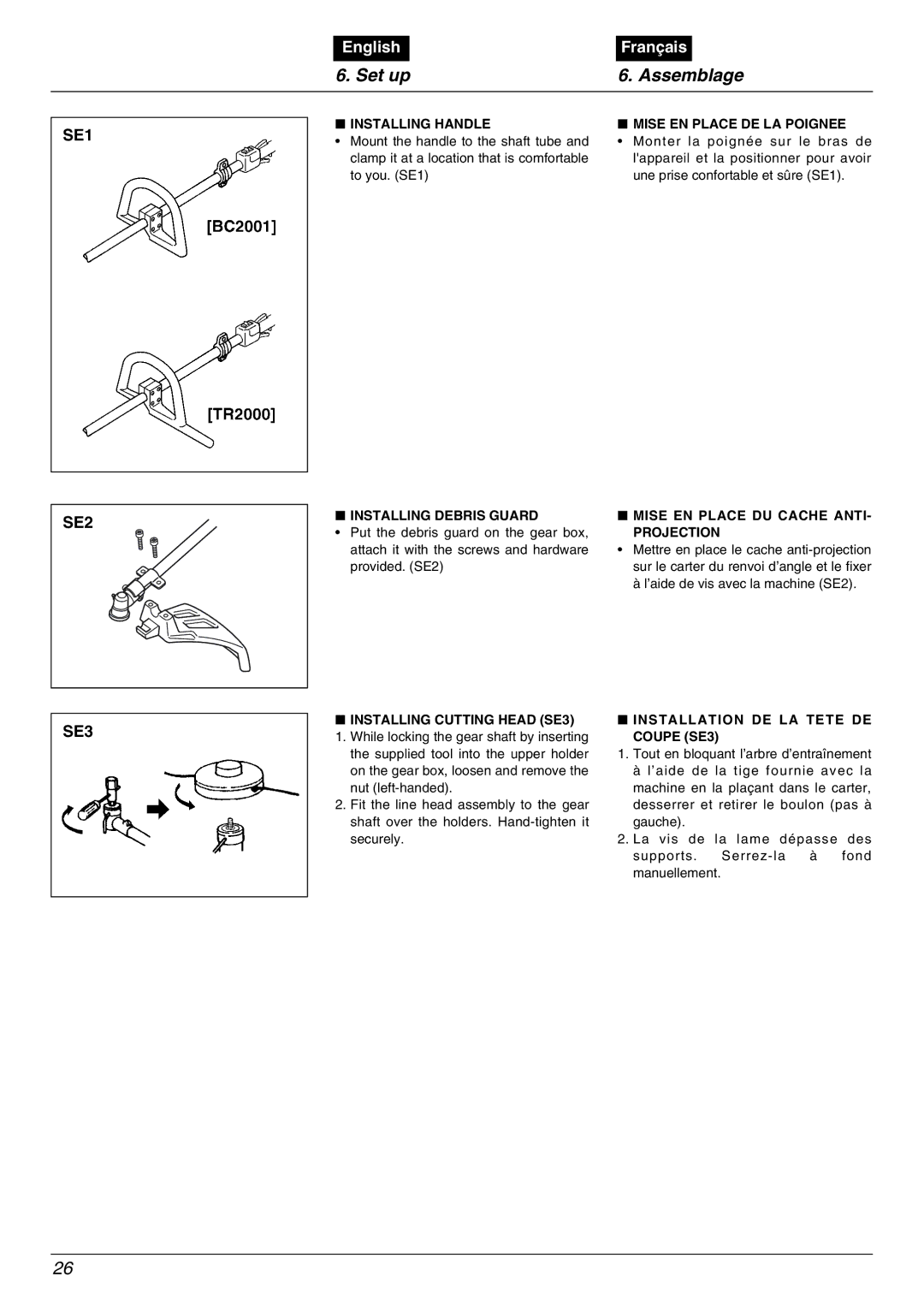Zenoah TR2000, BC2001 manual Set up Assemblage, SE1 SE2 SE3 