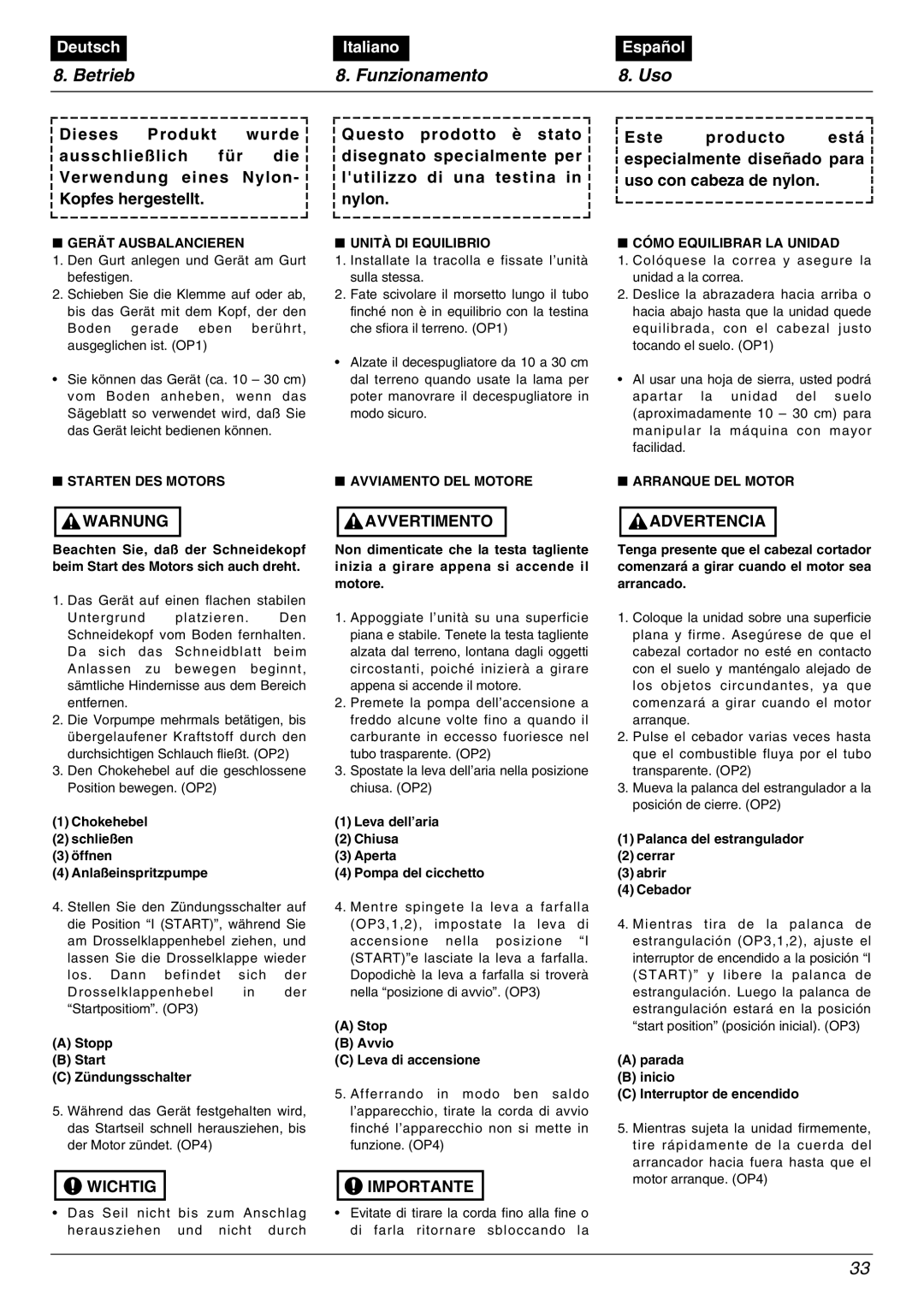 Zenoah BC2001, TR2000 manual Betrieb Funzionamento Uso, Starten DES Motors, Avviamento DEL Motore 