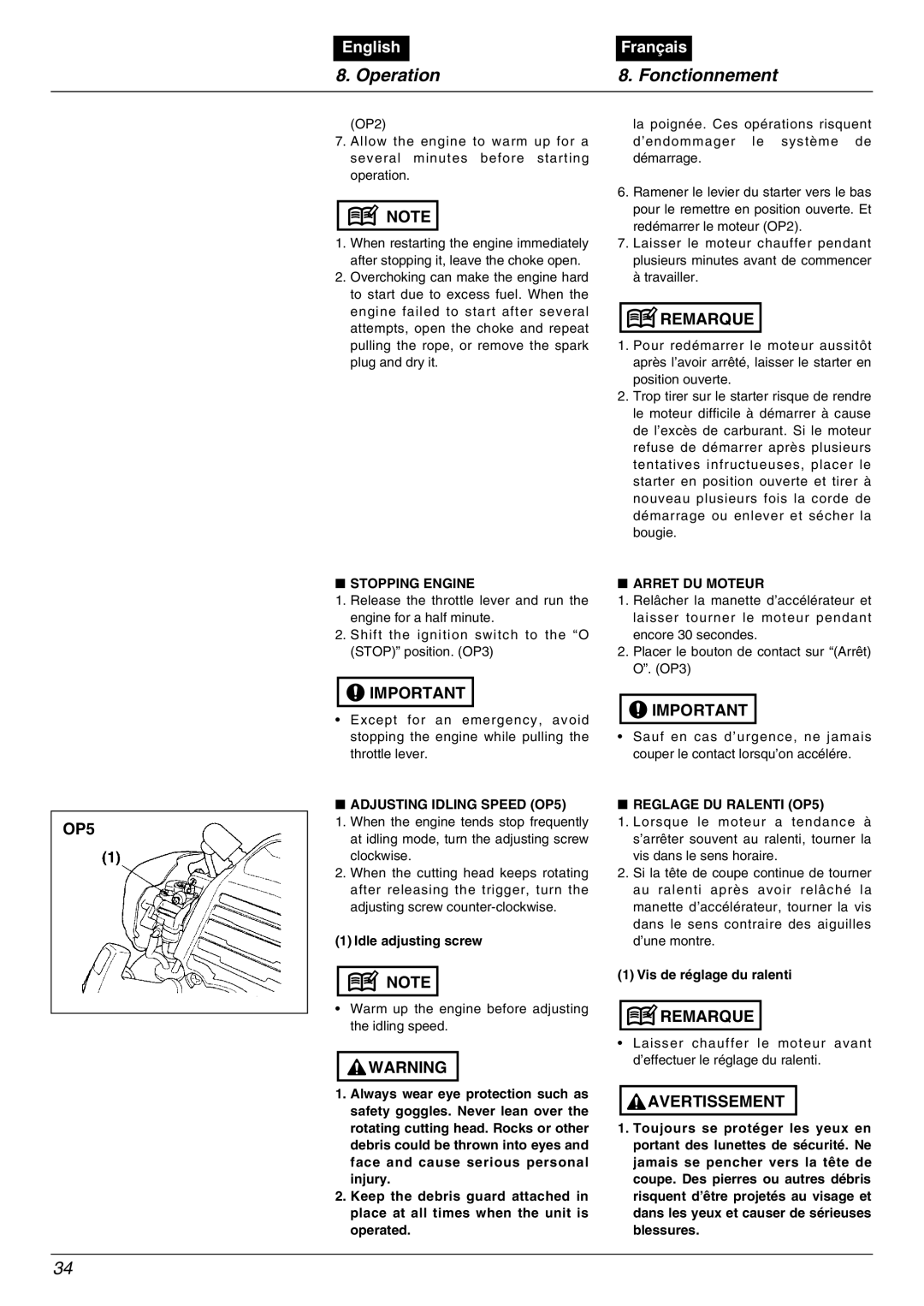 Zenoah TR2000, BC2001 manual Stopping Engine Arret DU Moteur, Adjusting Idling Speed OP5, Reglage DU Ralenti OP5 