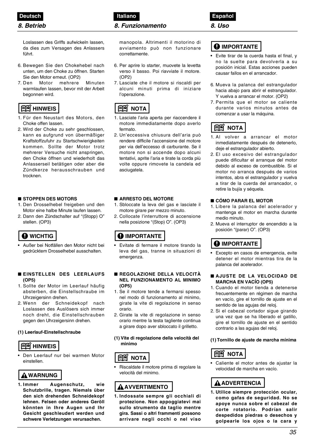 Zenoah BC2001, TR2000 manual Betrieb Funzionamento Uso 