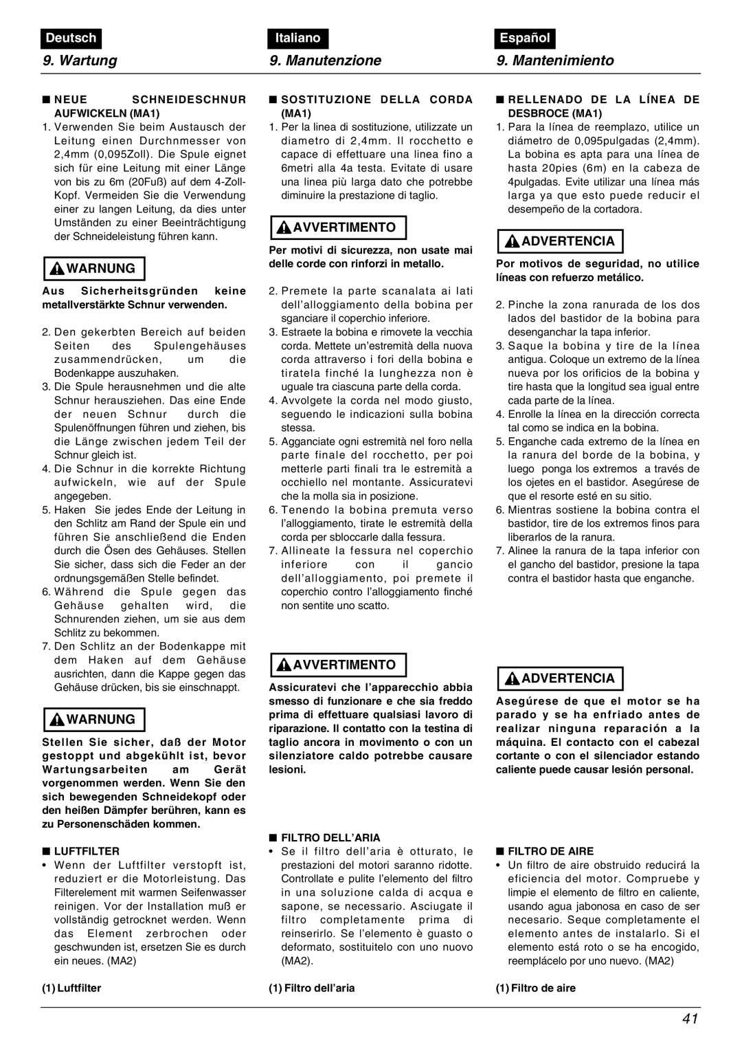 Zenoah BC2001, TR2000 manual Wartung Manutenzione Mantenimiento 