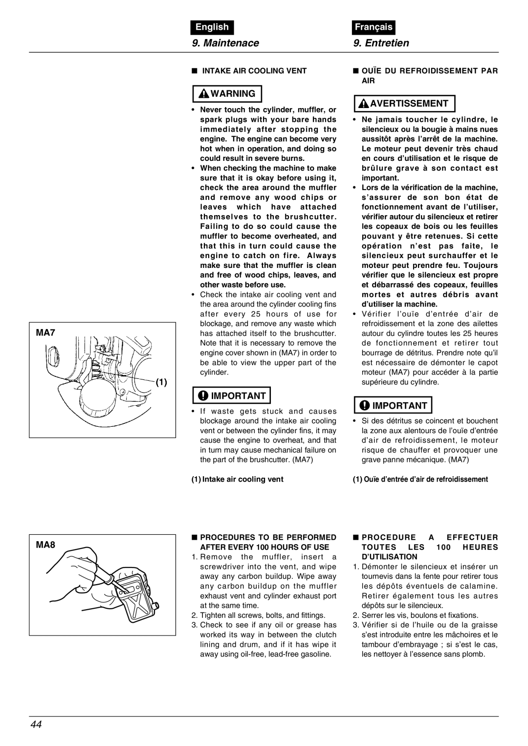 Zenoah TR2000, BC2001 manual Maintenace Entretien, MA7, MA8 