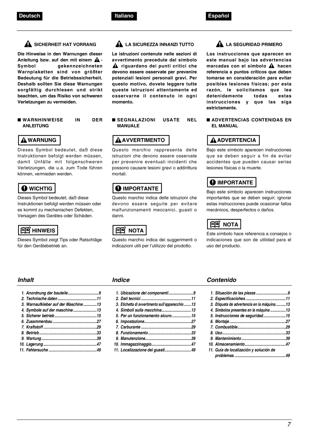 Zenoah BC2001, TR2000 manual Inhalt Indice Contenido 