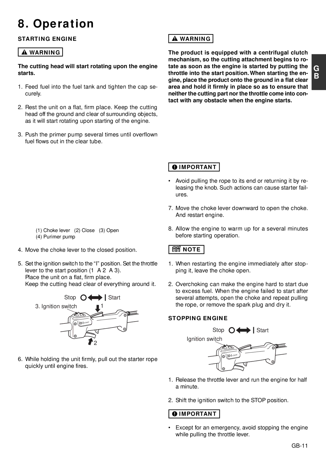 Zenoah BC2002, TR2001 owner manual Operation, Starting Engine, Stopping Engine 