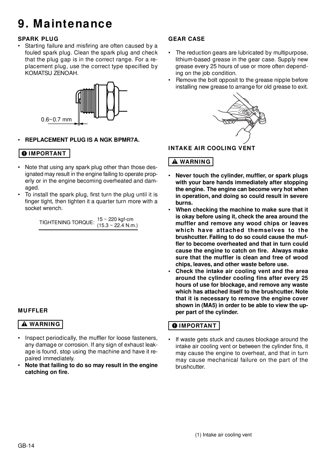 Zenoah TR2001, BC2002 owner manual Spark Plug, Replacement Plug is a NGK BPMR7A, Muffler, Gear Case, Intake AIR Cooling Vent 