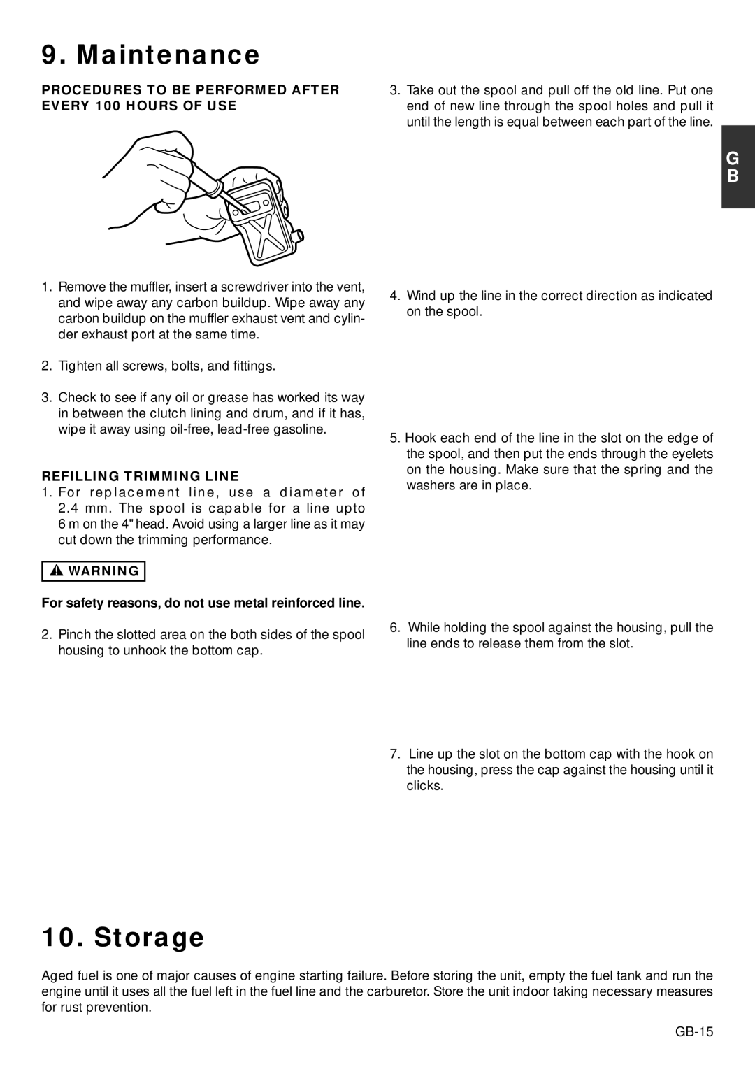 Zenoah BC2002, TR2001 owner manual Storage, Procedures to be Performed After Every 100 Hours of USE, Refilling Trimming Line 