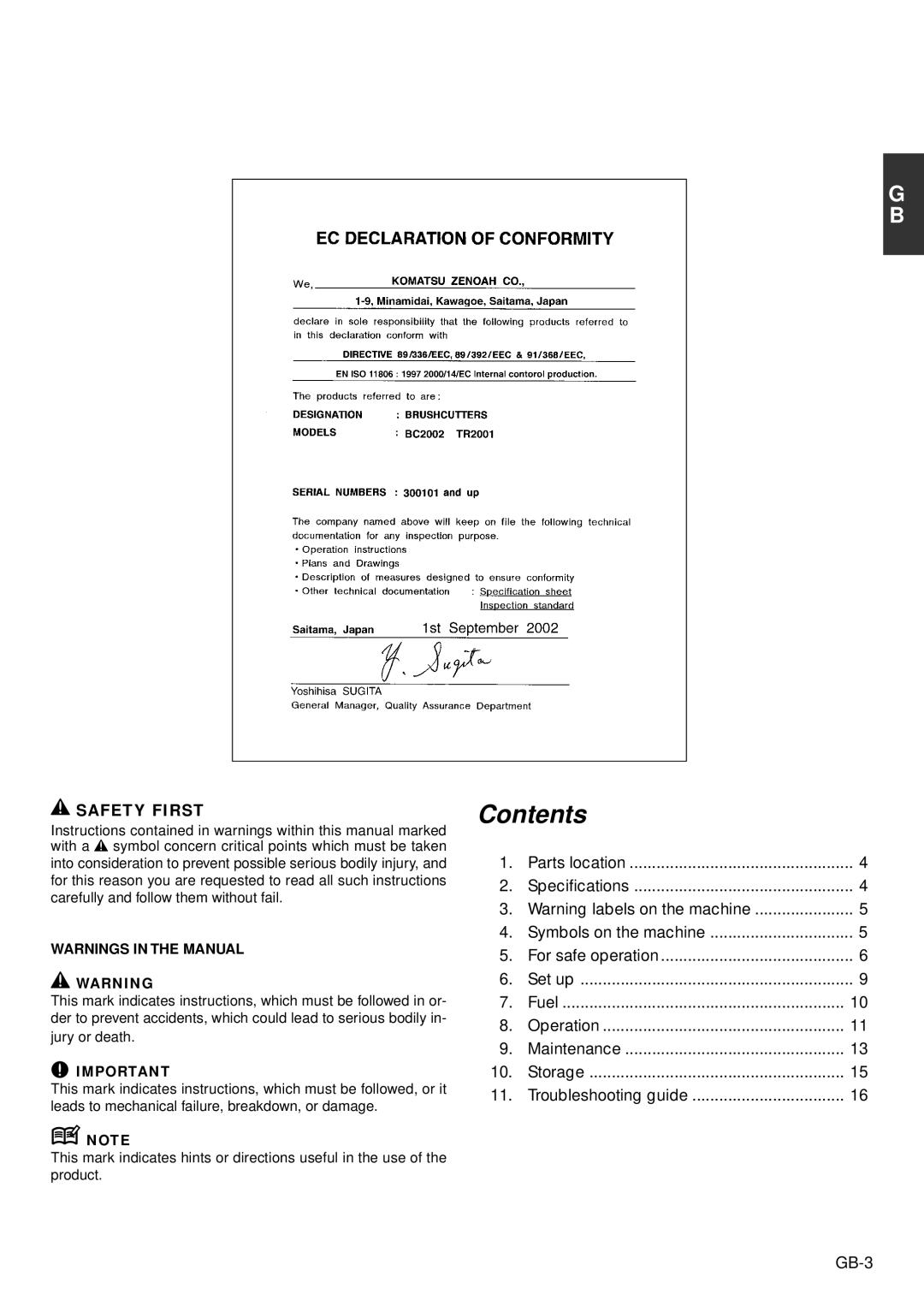 Zenoah BC2002, TR2001 owner manual Contents 