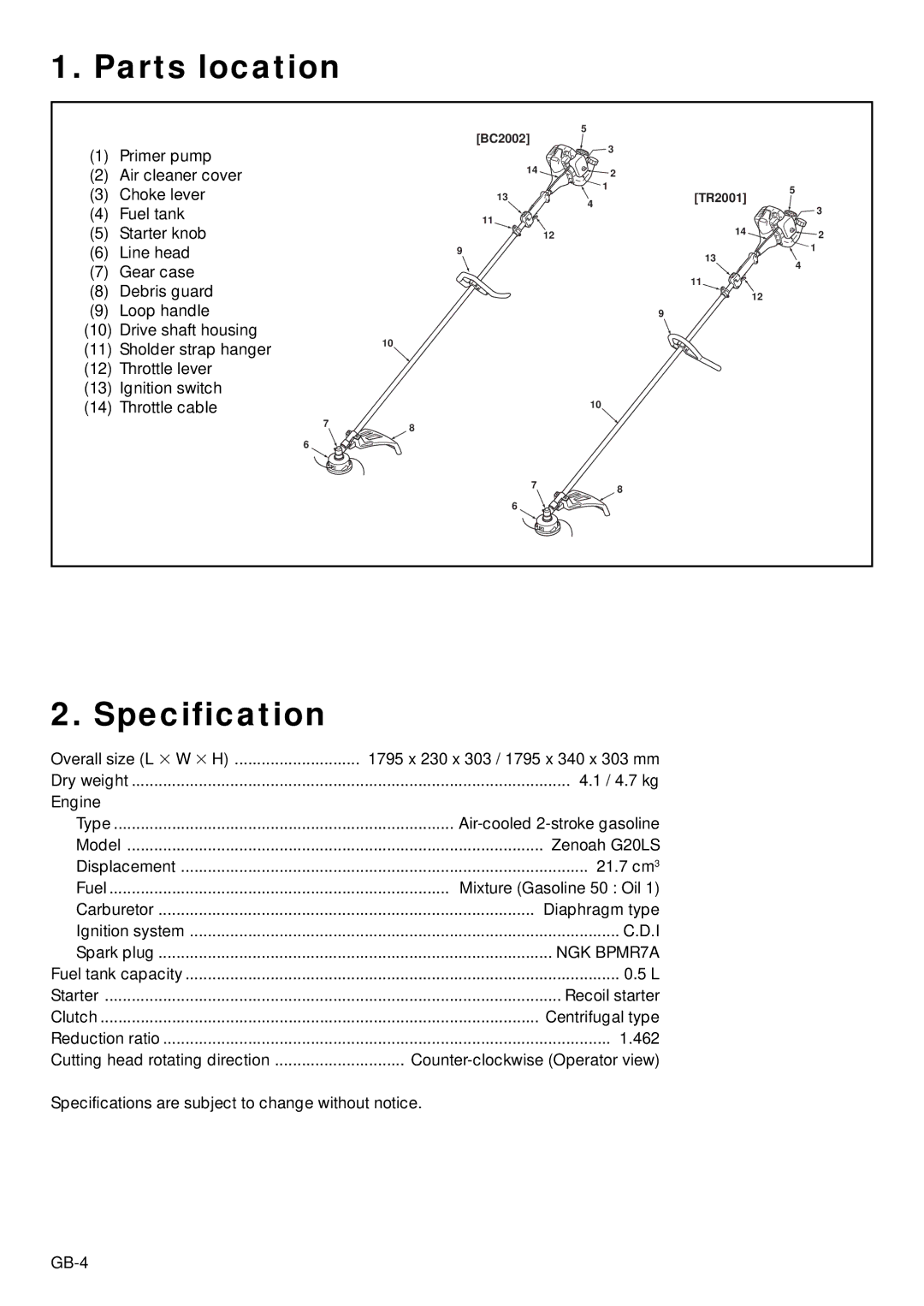 Zenoah TR2001, BC2002 owner manual Parts location, Specification 