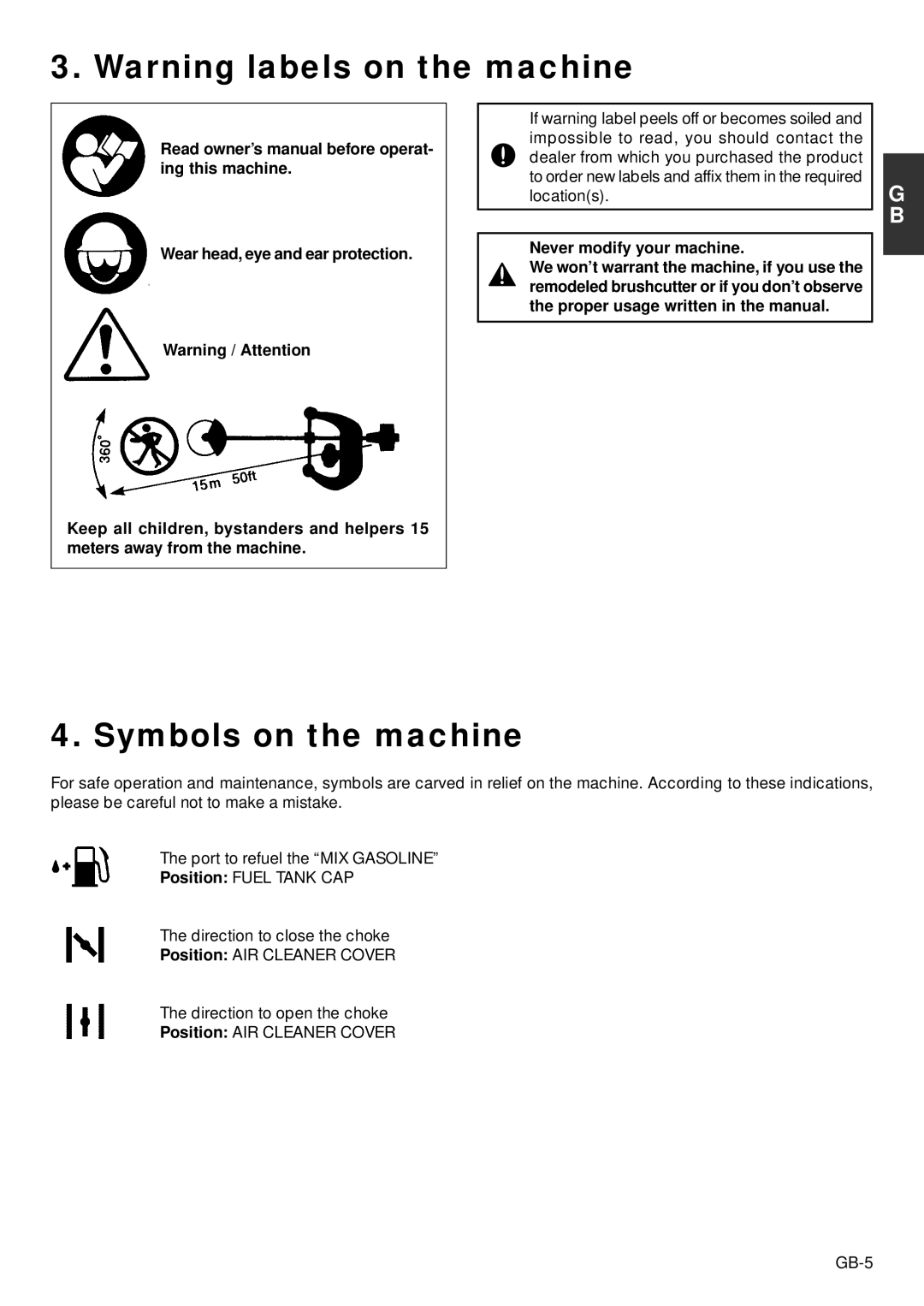 Zenoah BC2002, TR2001 owner manual Symbols on the machine, Never modify your machine 