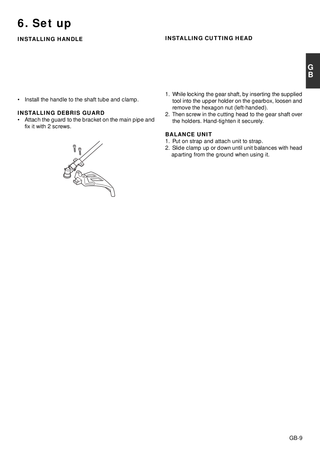 Zenoah BC2002, TR2001 owner manual Set up, Installing Handle Installing Cutting Head, Installing Debris Guard, Balance Unit 