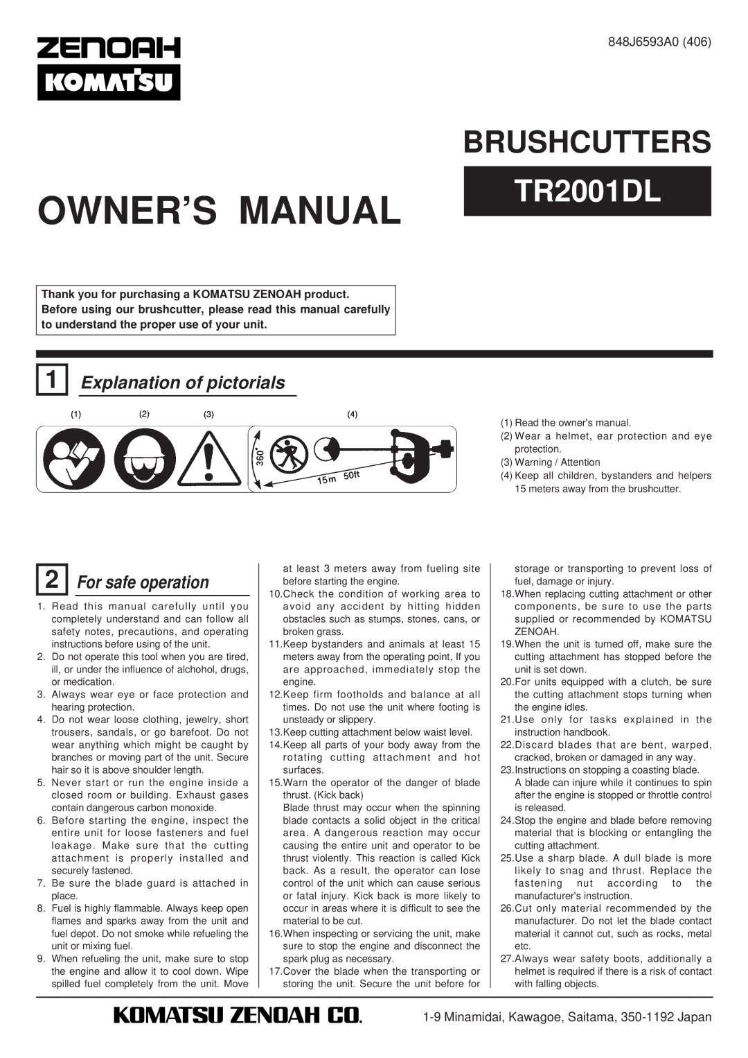 Zenoah TR2001DL owner manual Explanation of pictorials, For safe operation 