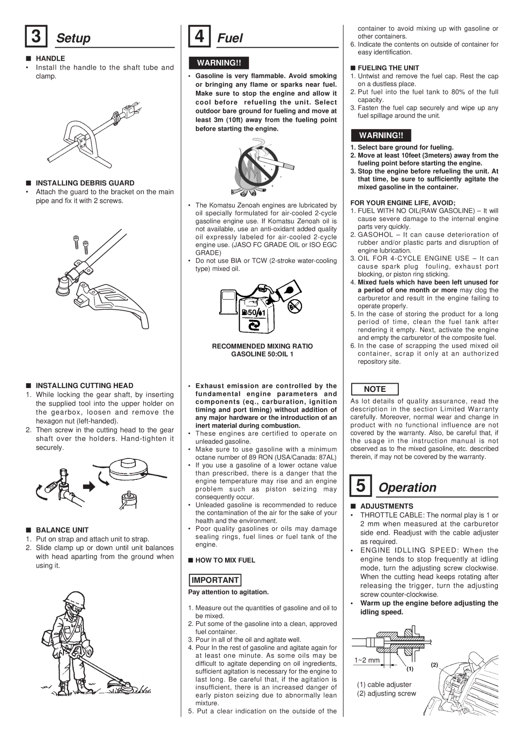 Zenoah TR2001DL owner manual Setup, Fuel, Operation 