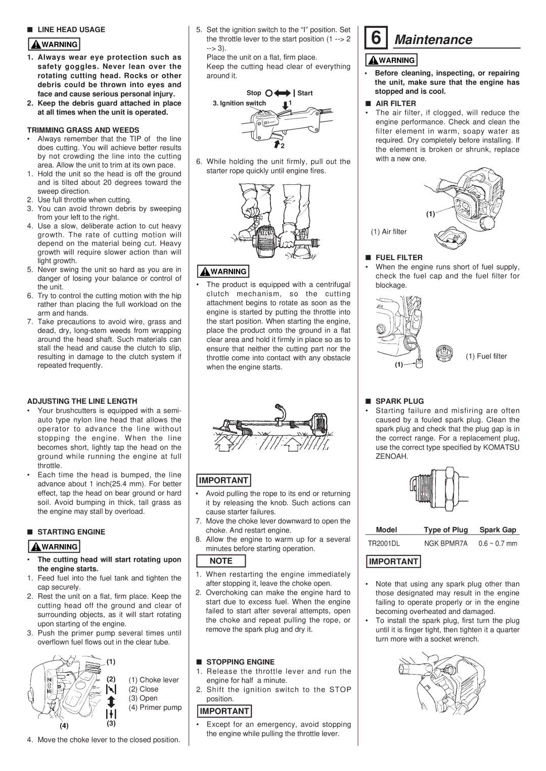 Zenoah TR2001DL owner manual Maintenance 