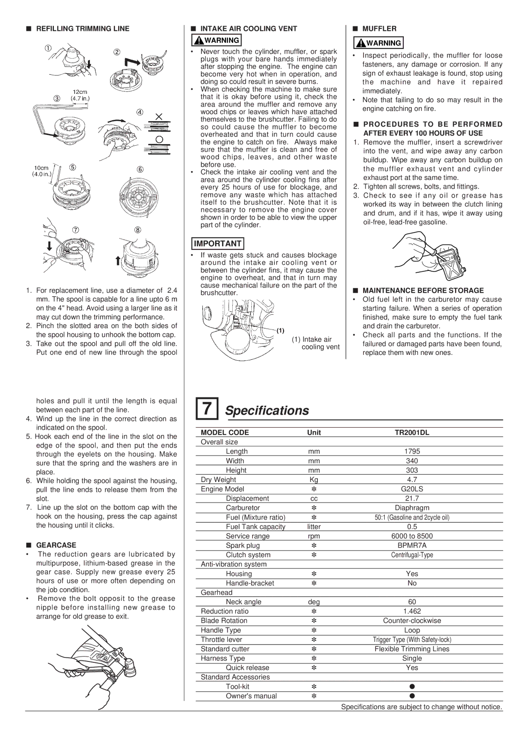 Zenoah TR2001DL owner manual Specifications 