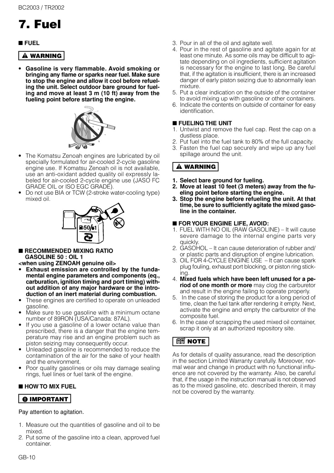 Zenoah TR2002 owner manual Fuel 