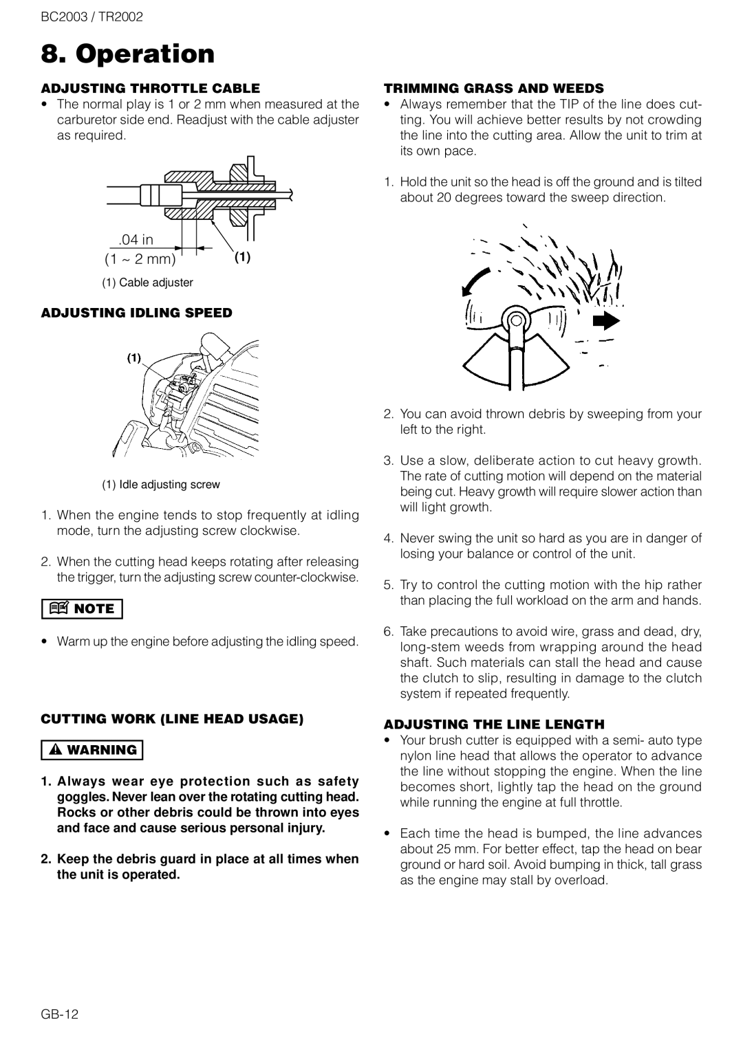 Zenoah TR2002 Adjusting Throttle Cable, Adjusting Idling Speed, Cutting Work Line Head Usage, Trimming Grass and Weeds 