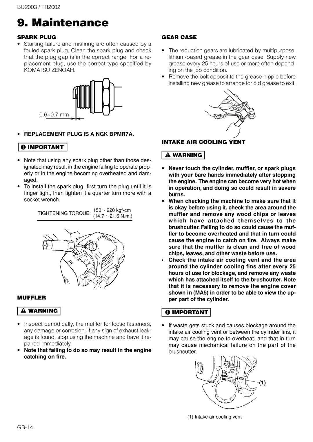 Zenoah TR2002 owner manual Spark Plug, Replacement Plug is a NGK BPMR7A, Muffler, Gear Case, Intake AIR Cooling Vent 