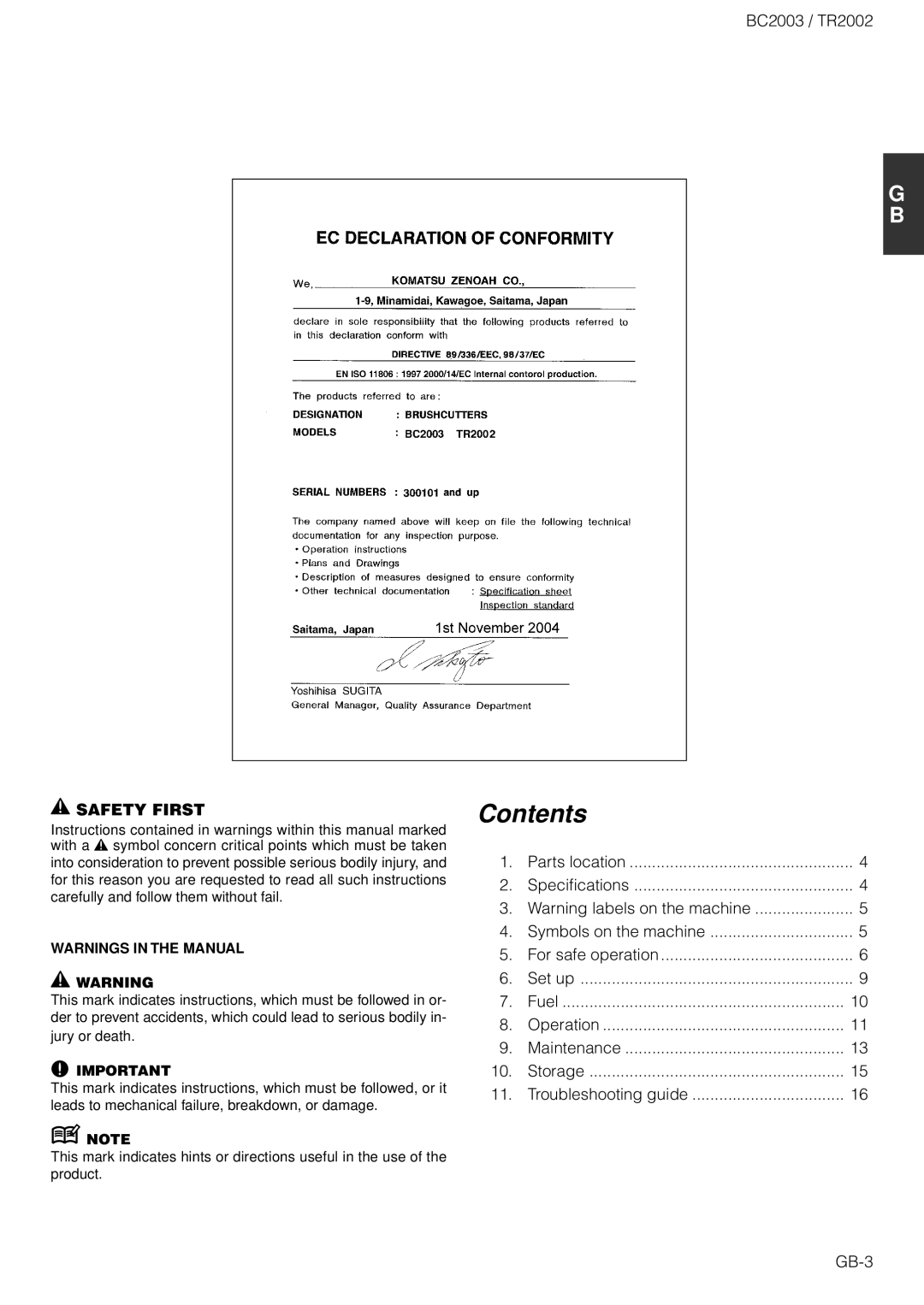 Zenoah TR2002 owner manual Contents 