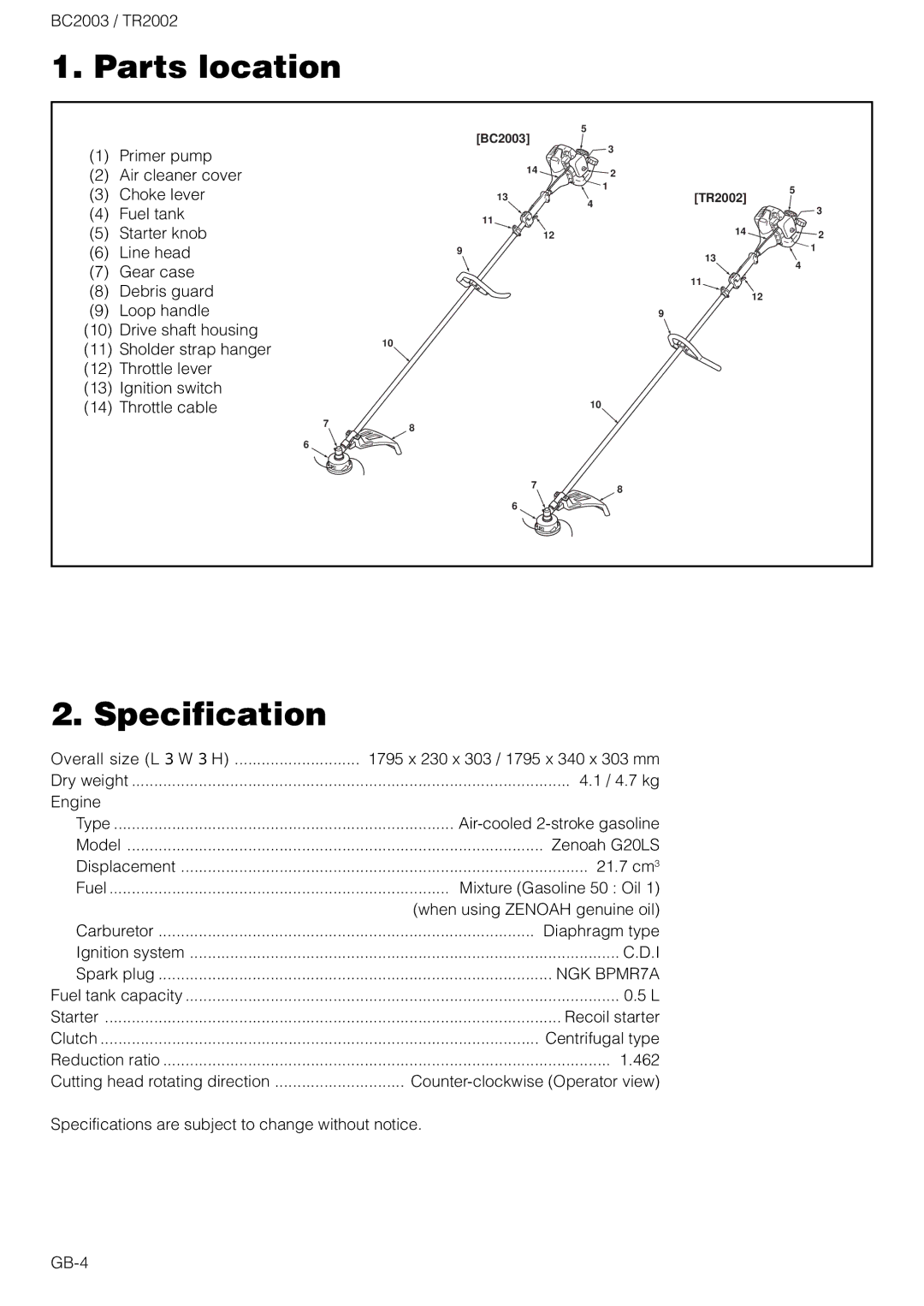 Zenoah TR2002 owner manual Parts location, Specification 