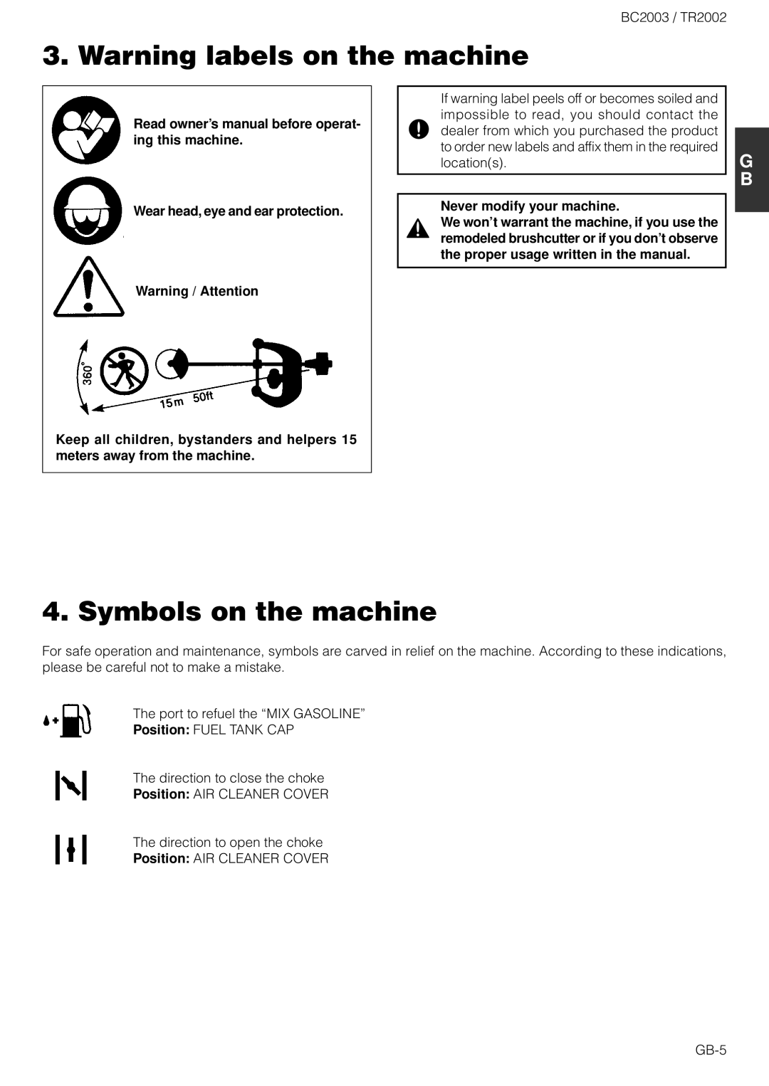 Zenoah TR2002 owner manual Symbols on the machine, Never modify your machine 