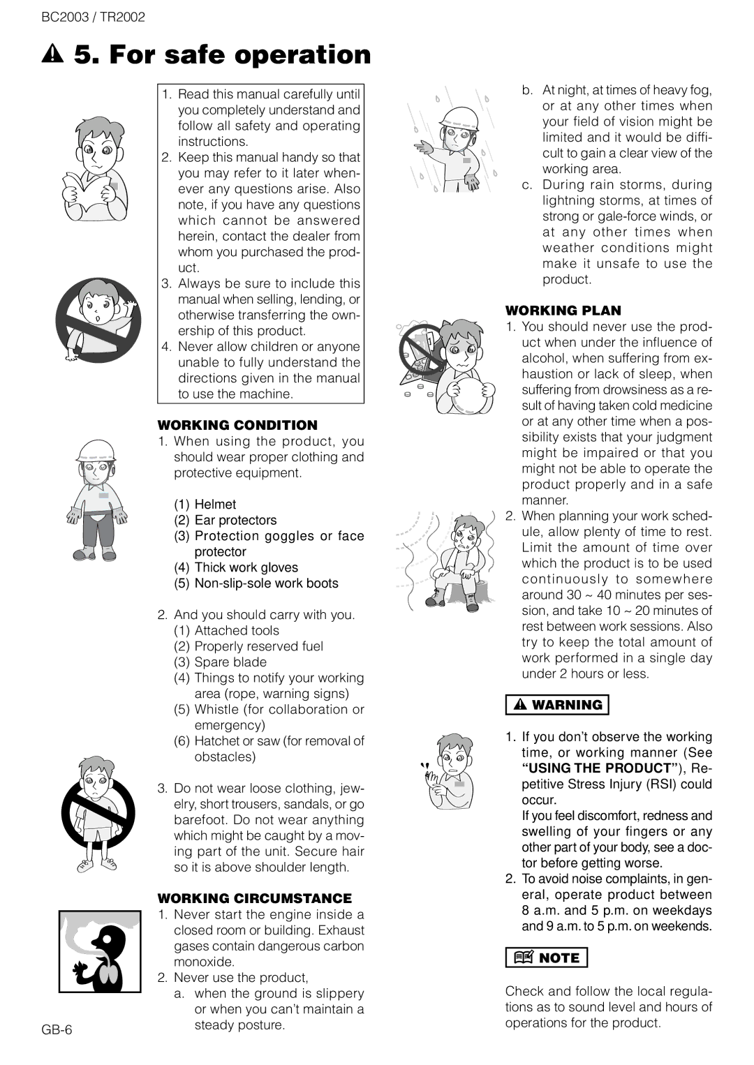 Zenoah TR2002 owner manual For safe operation, Working Condition, Working Circumstance, Working Plan 