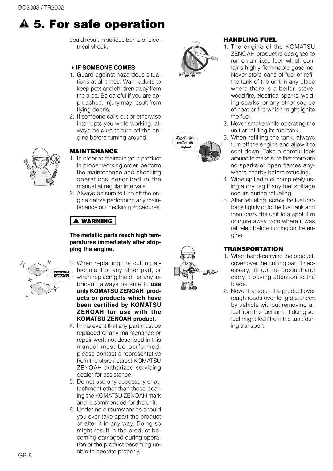 Zenoah TR2002 owner manual If Someone Comes, Maintenance, Handling Fuel, Transportation 