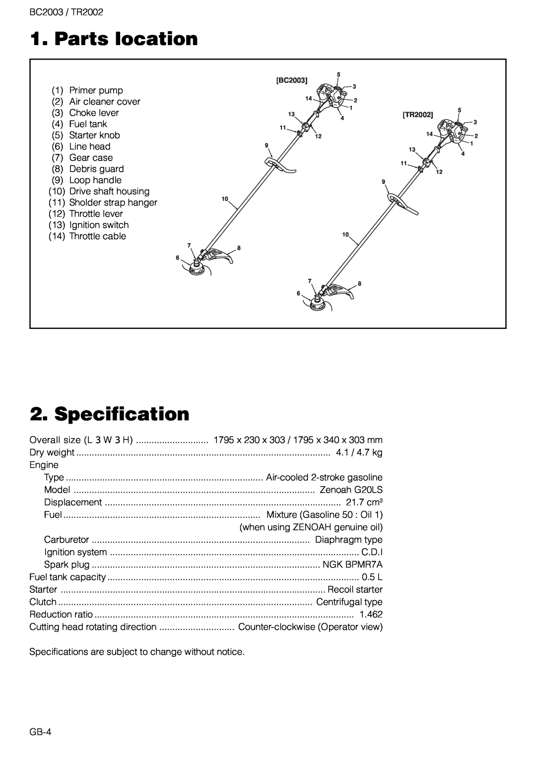 Zenoah TR2002 Parts location, Specification, 1795 x 230 x 303 / 1795 x 340 x 303 mm, Cutting head rotating direction 