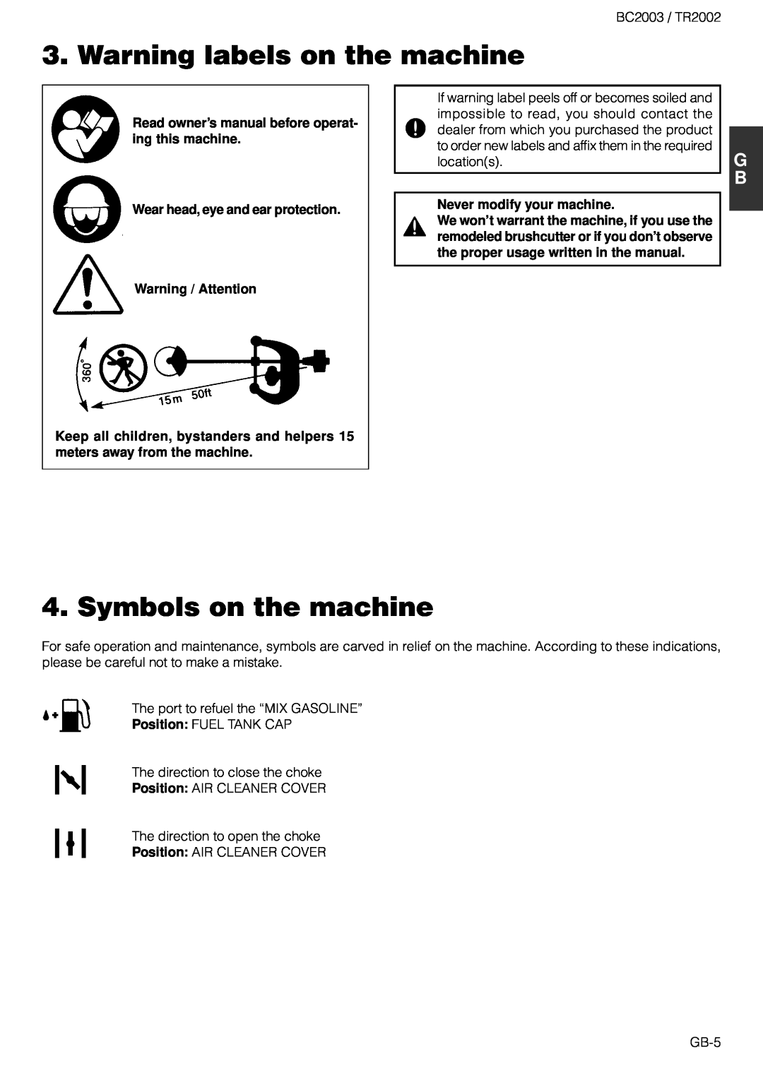 Zenoah TR2002 Warning labels on the machine, Symbols on the machine, Wear head, eye and ear protection Warning / Attention 