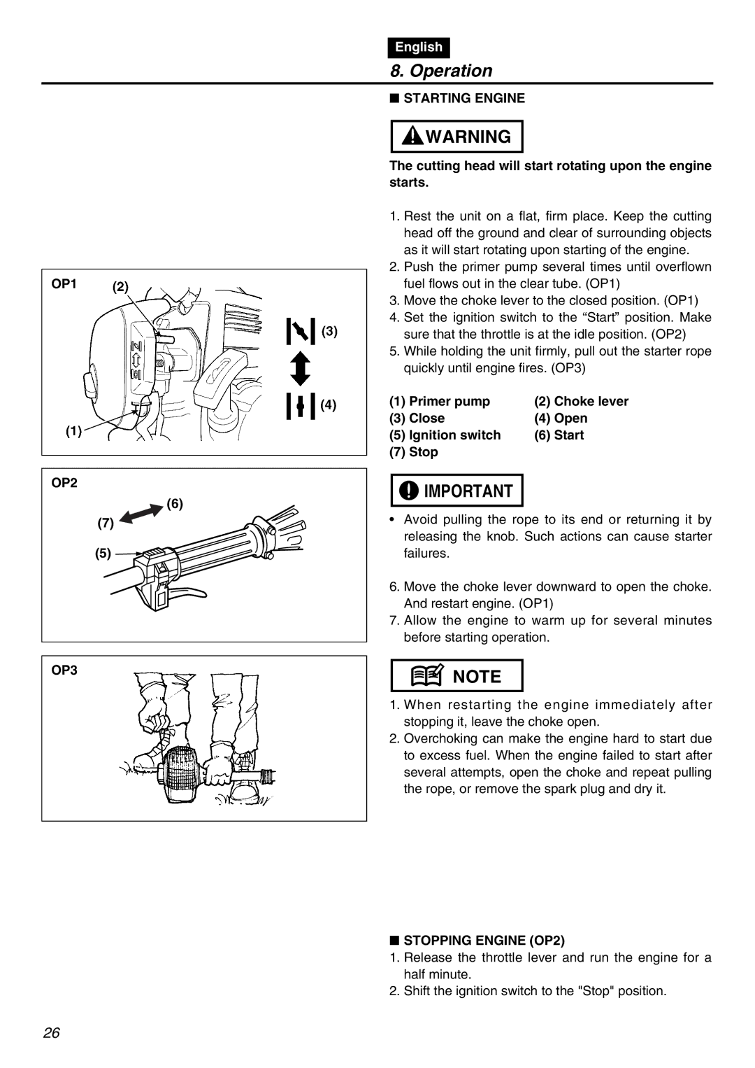 Zenoah TR2300 manual Operation, OP1 OP2 OP3 Starting Engine, Cutting head will start rotating upon the engine starts 