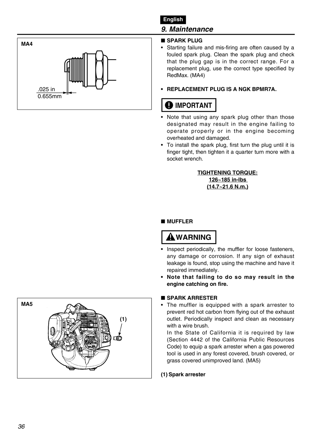 Zenoah TR2300 manual MA4, MA5, Spark Plug, Replacement Plug is a NGK BPMR7A, Tightening Torque, Muffler, Spark Arrester 