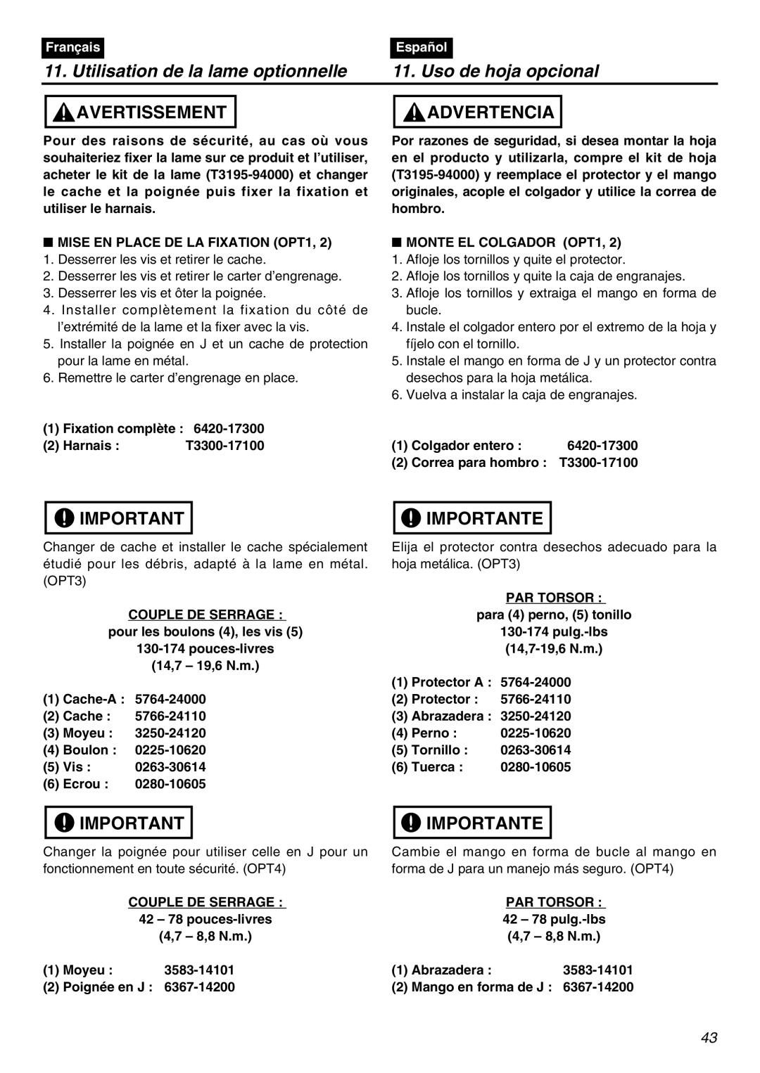 Zenoah TR2300 manual Utilisation de la lame optionnelle Uso de hoja opcional, Mise EN Place DE LA Fixation OPT1, PAR Torsor 