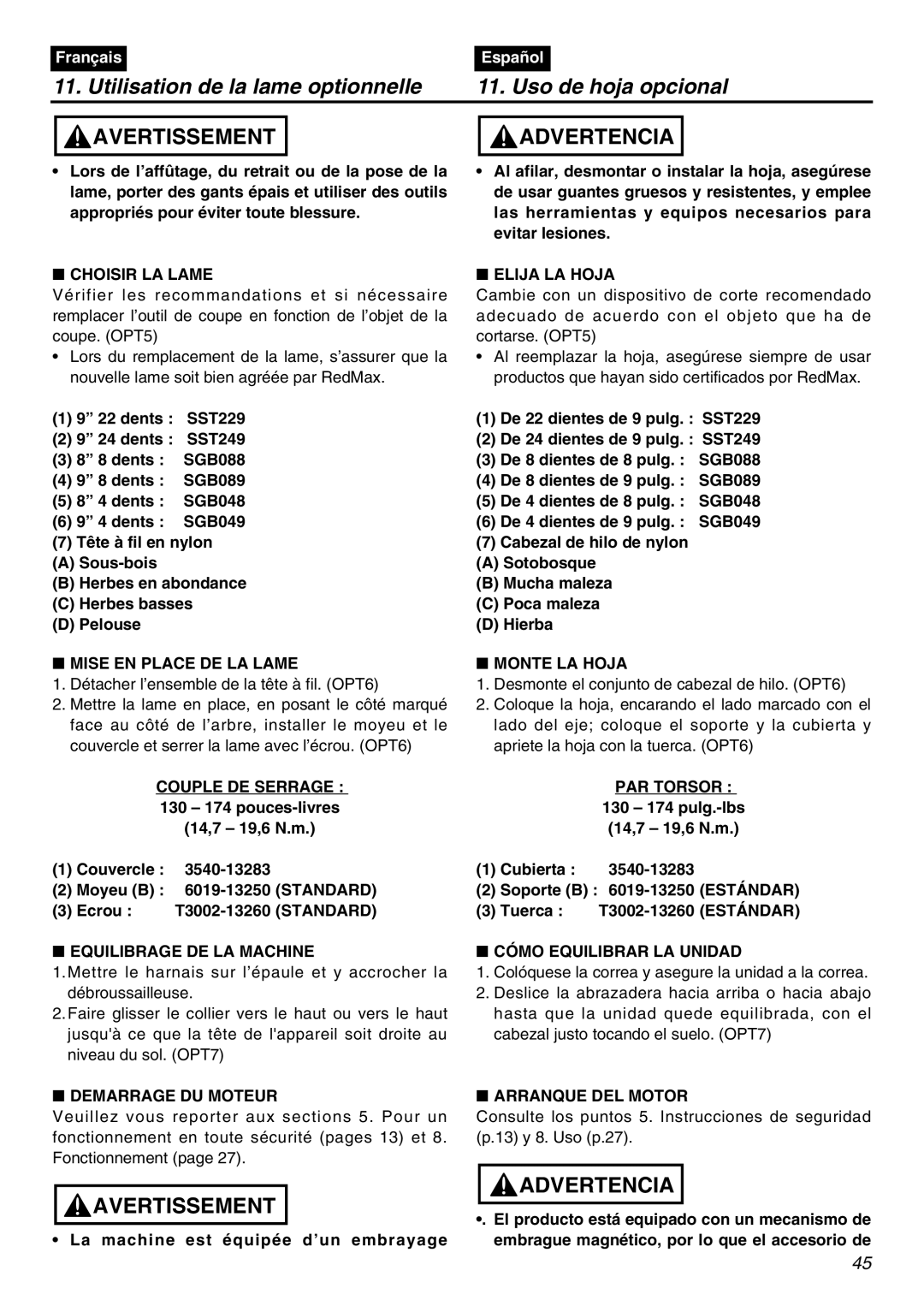 Zenoah TR2300 manual Choisir LA Lame, Elija LA Hoja, Mise EN Place DE LA Lame Monte LA Hoja, Standard, Estándar 