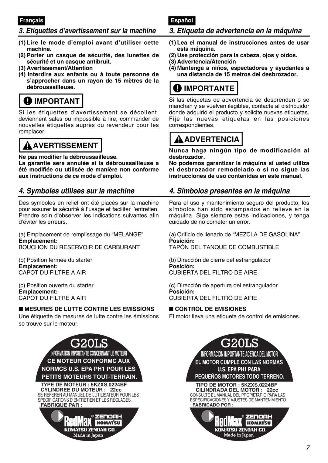 Zenoah TR2300 manual Emplacement, Posición, Control DE Emisiones 