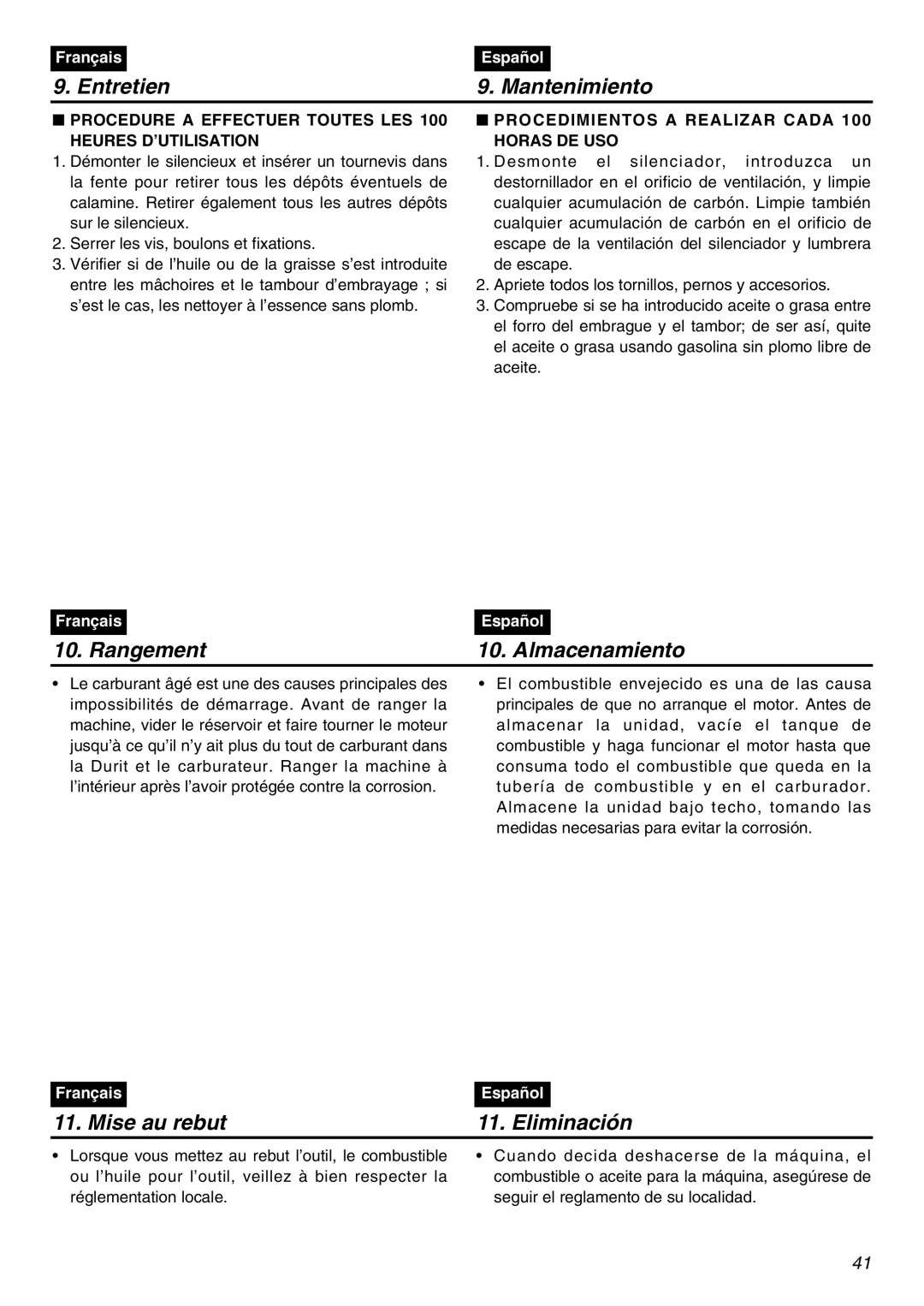 Zenoah TR2301S manual Entretien Mantenimiento, Rangement Almacenamiento, Mise au rebut Eliminación 