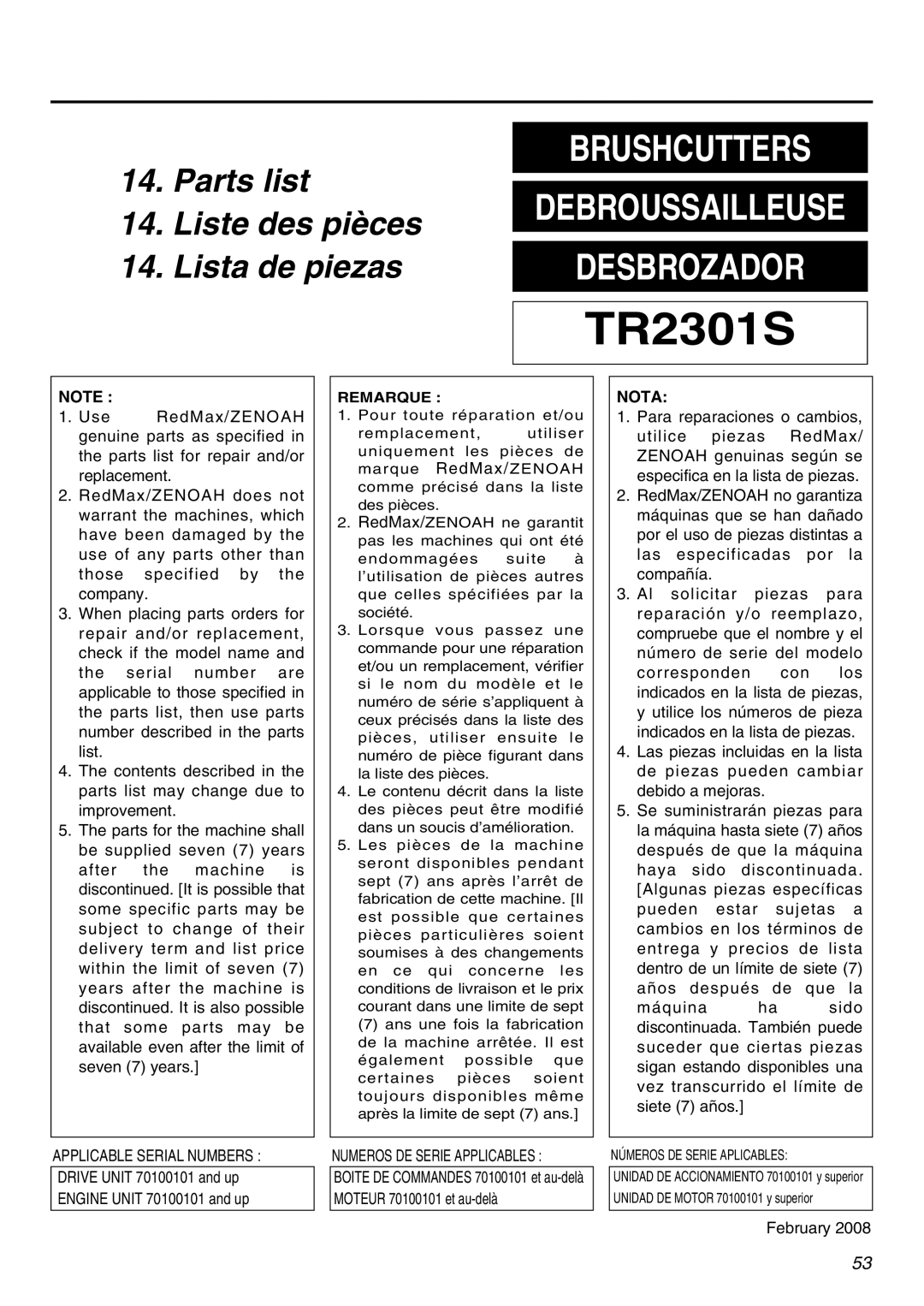 Zenoah TR2301S manual Nota 