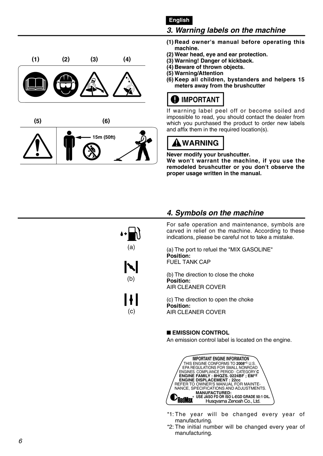 Zenoah TR2301S manual Symbols on the machine, Position, Emission Control 