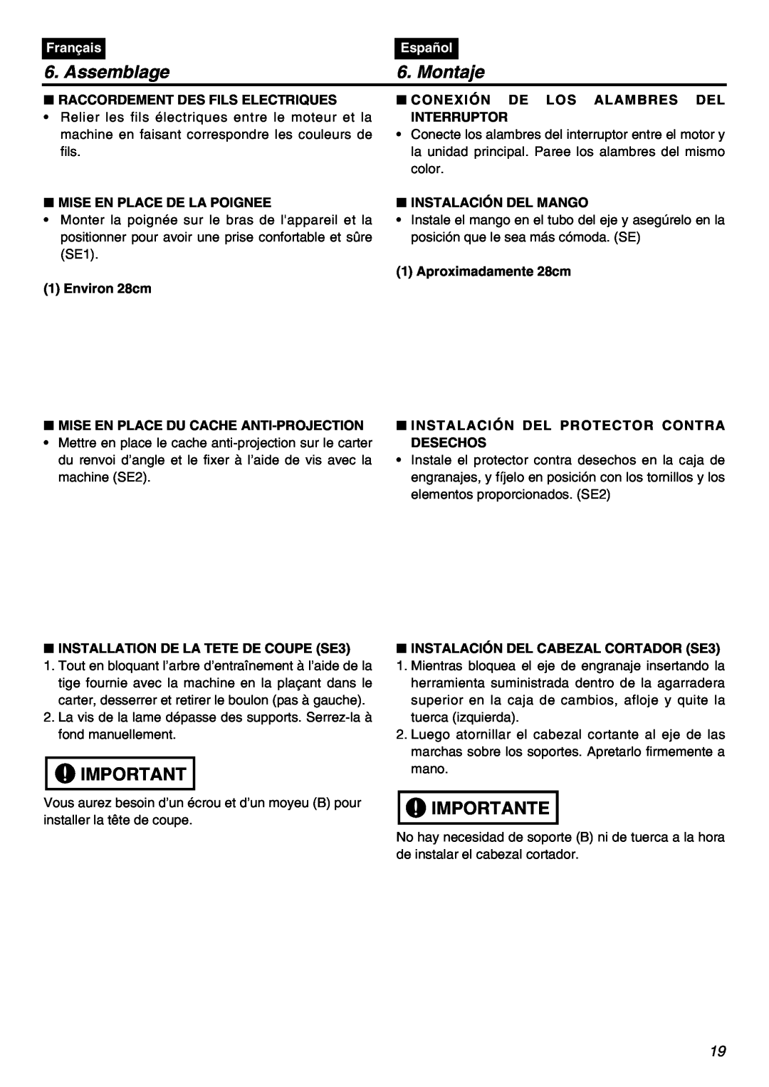 Zenoah TR2301S manual Assemblage, Montaje, Importante, Français, Español 