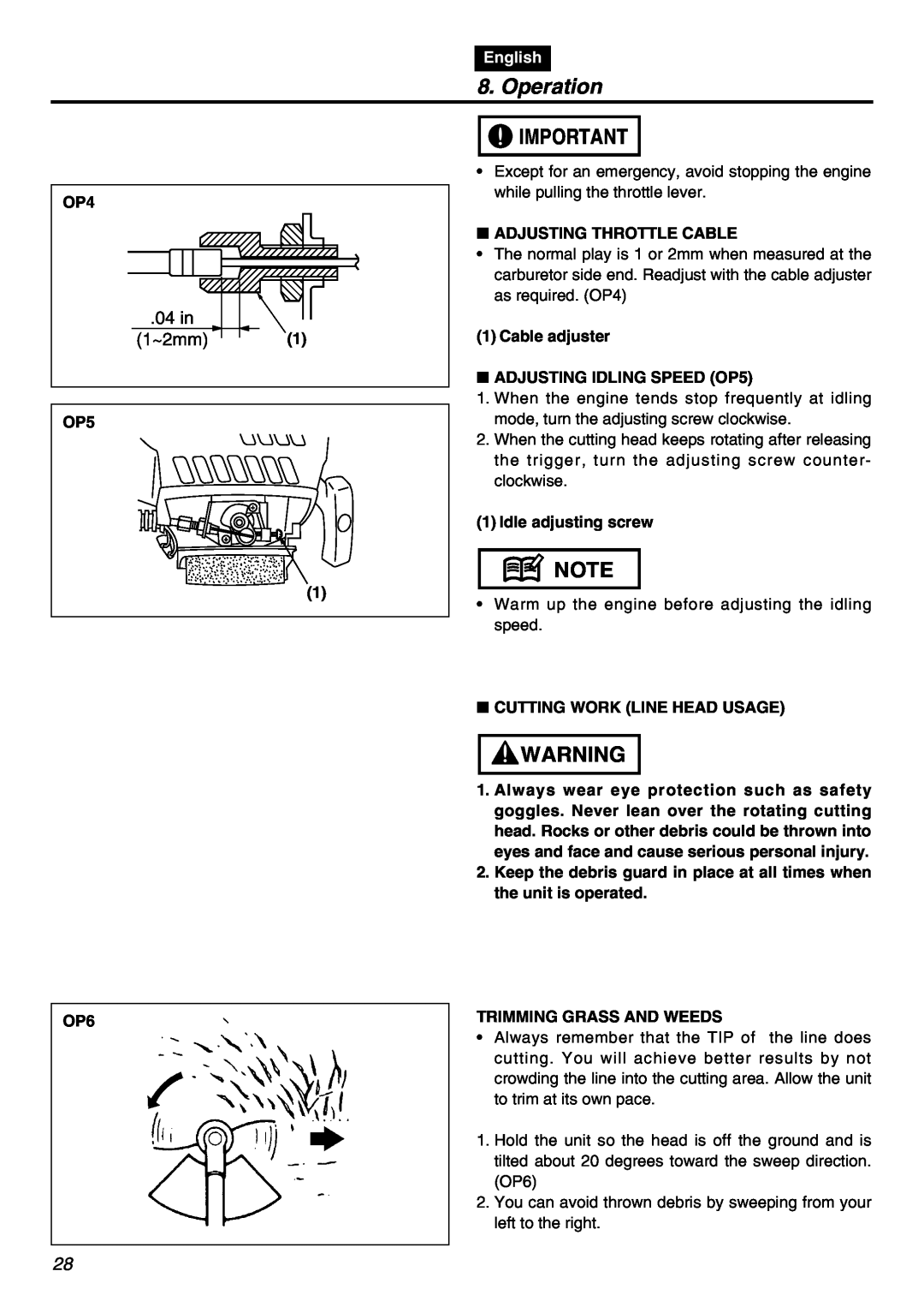 Zenoah TR2301S manual 04 in 1~2mm, Operation, English 