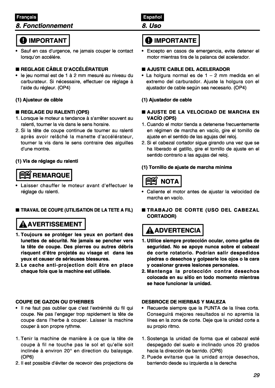 Zenoah TR2301S manual Fonctionnement, Uso, Importante, Remarque, Avertissement, Nota, Advertencia, Français, Español 