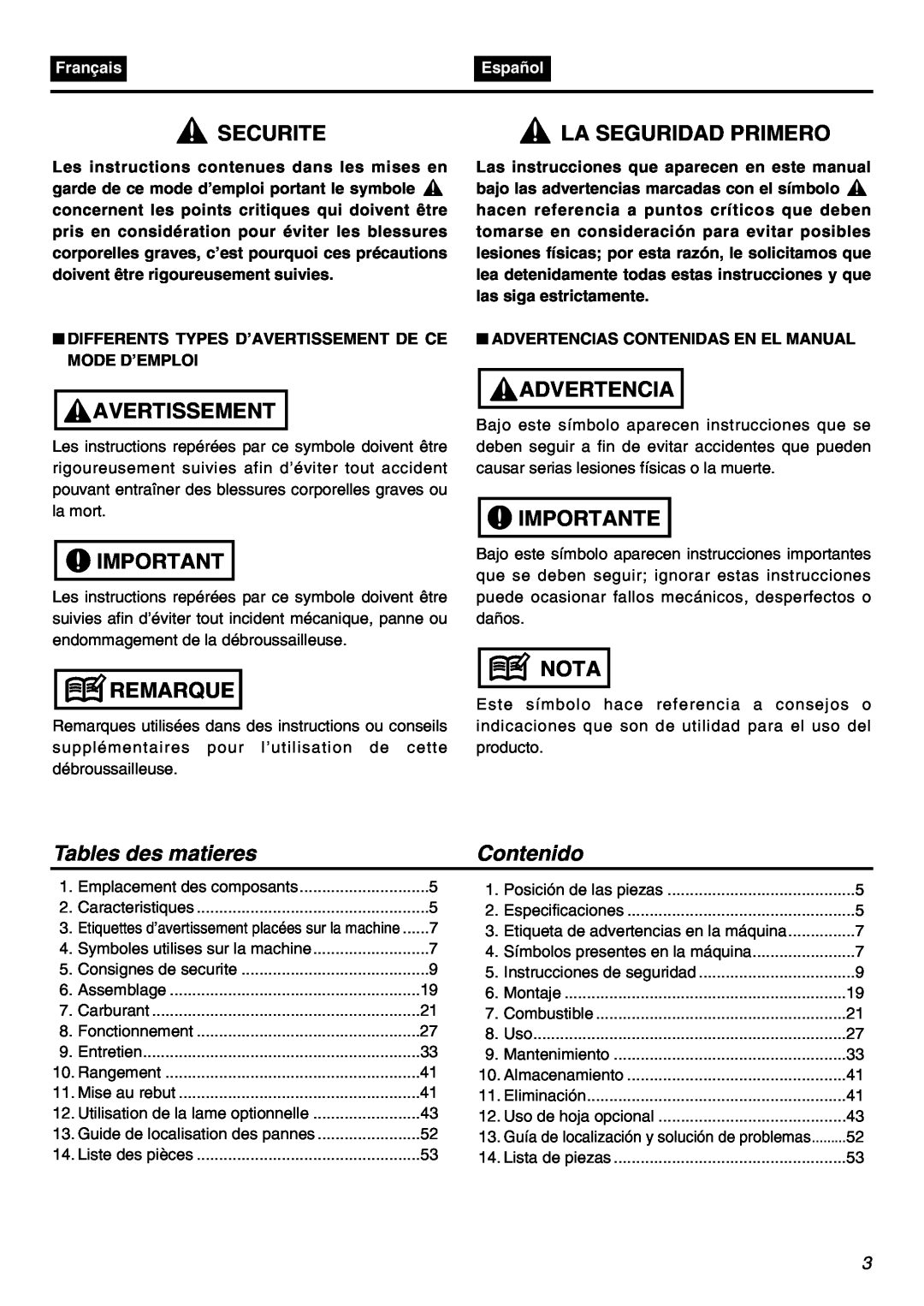 Zenoah TR2301S manual Securite, Avertissement, Remarque, Advertencia, Importante, Nota, Tables des matieres, Contenido 