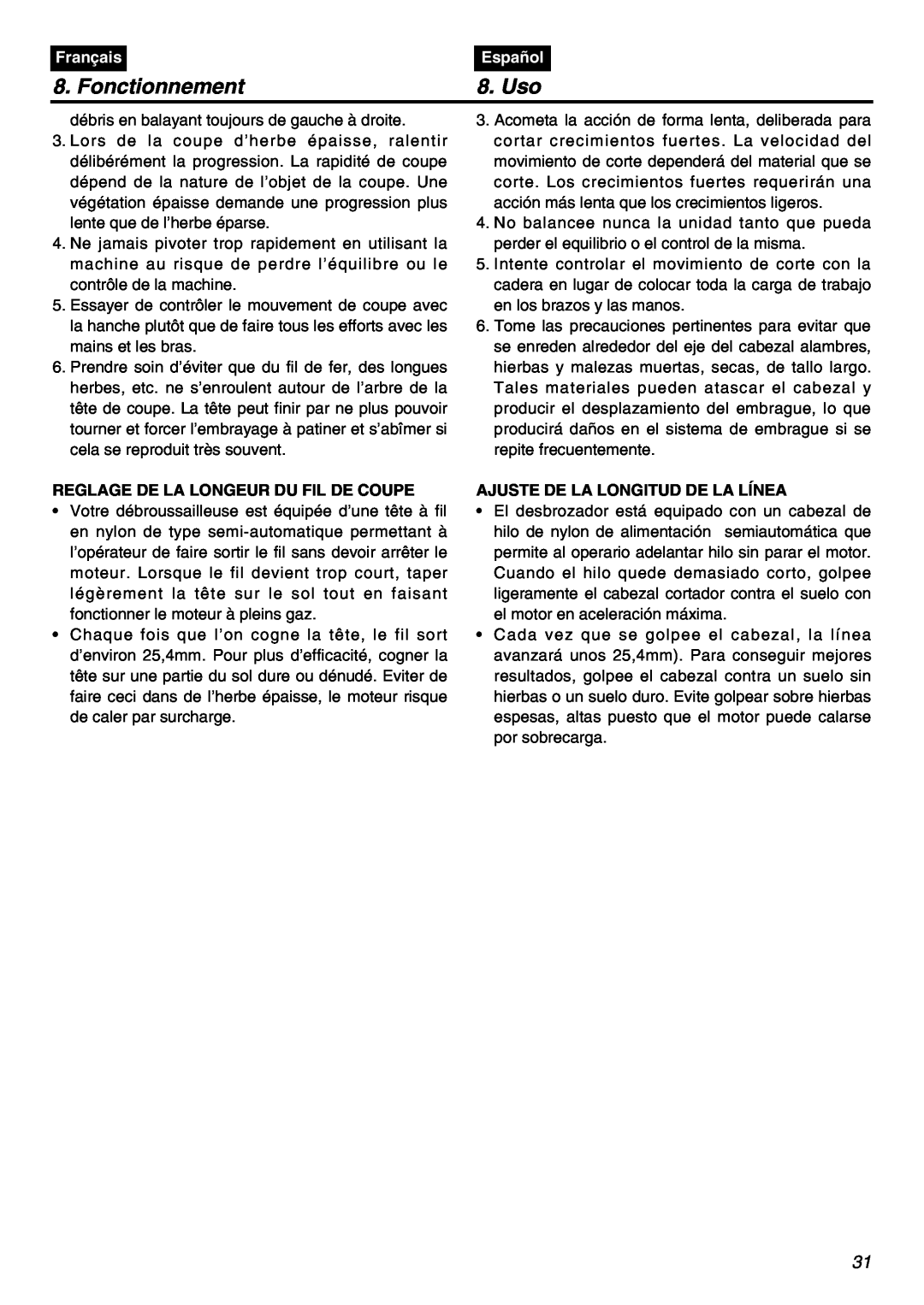 Zenoah TR2301S manual Fonctionnement, Uso, Français, Español, Reglage De La Longeur Du Fil De Coupe 