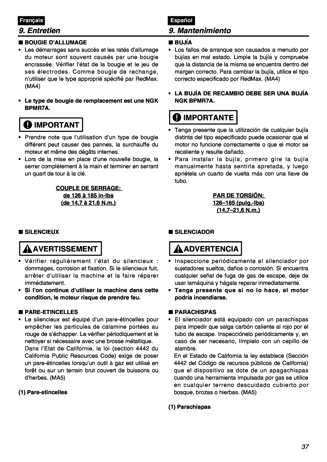Zenoah TR2301S manual Bougie D’Allumage, Bujía, Entretien, Mantenimiento, Avertissement, Importante, Advertencia, Français 