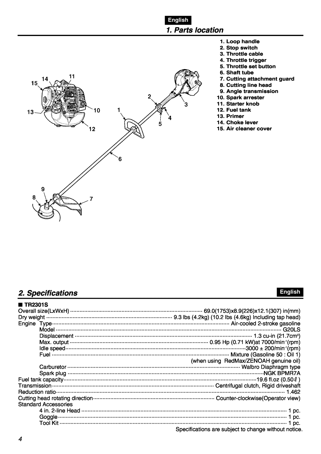 Zenoah TR2301S manual Parts location, Specifications, English 