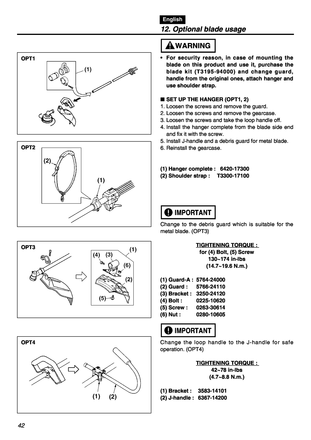 Zenoah TR2301S manual Optional blade usage, English 