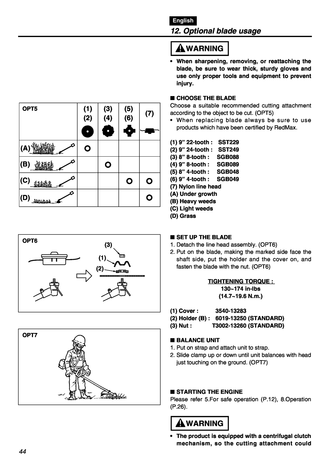 Zenoah TR2301S manual 3 1 2, Optional blade usage, A B C D, English 