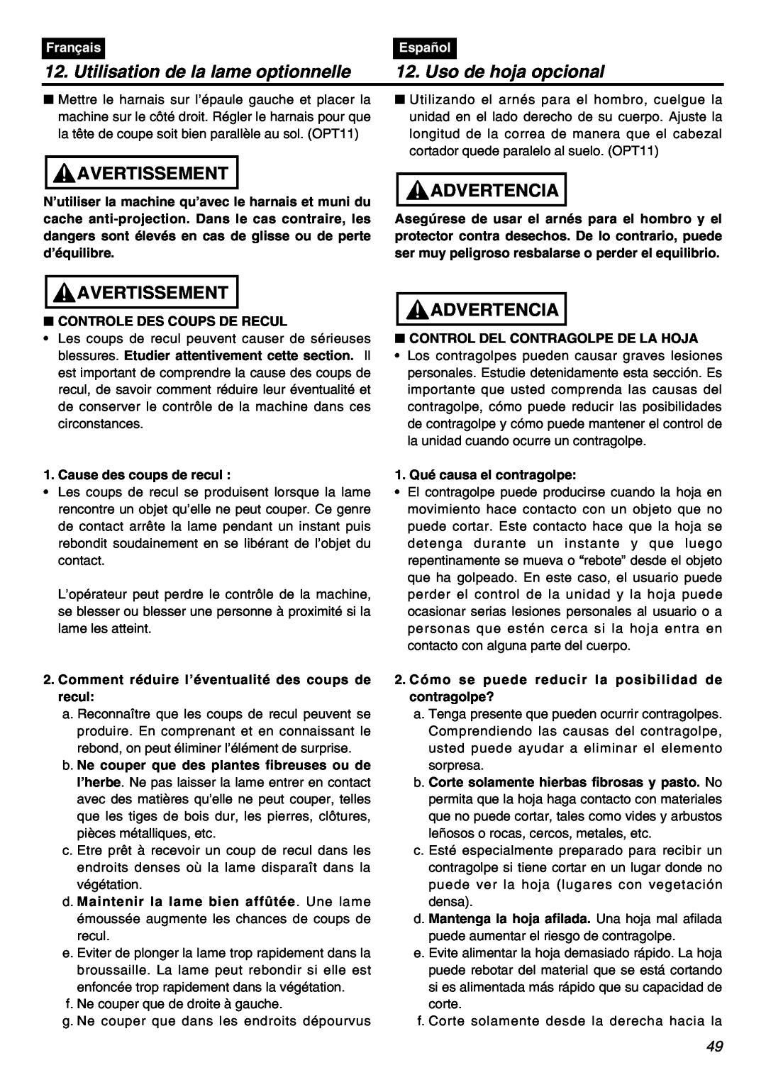 Zenoah TR2301S Utilisation de la lame optionnelle, Uso de hoja opcional, Avertissement, Advertencia, Français, Español 
