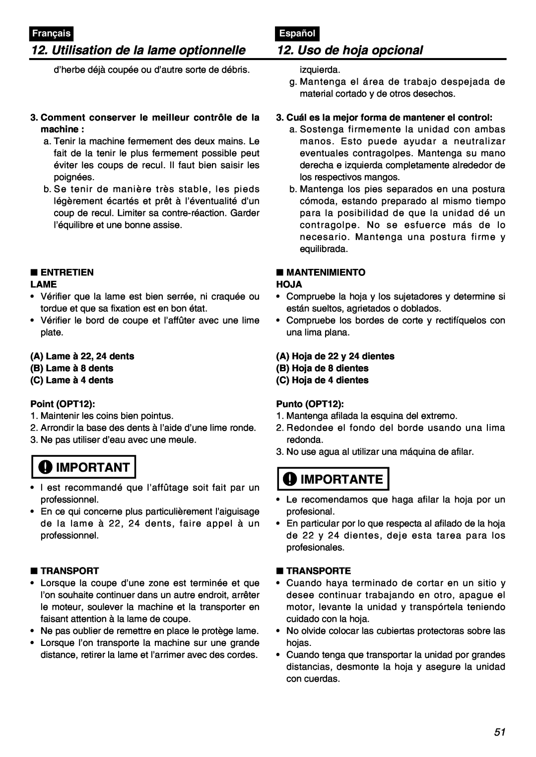 Zenoah TR2301S manual Utilisation de la lame optionnelle, Uso de hoja opcional, Importante, Français, Español 