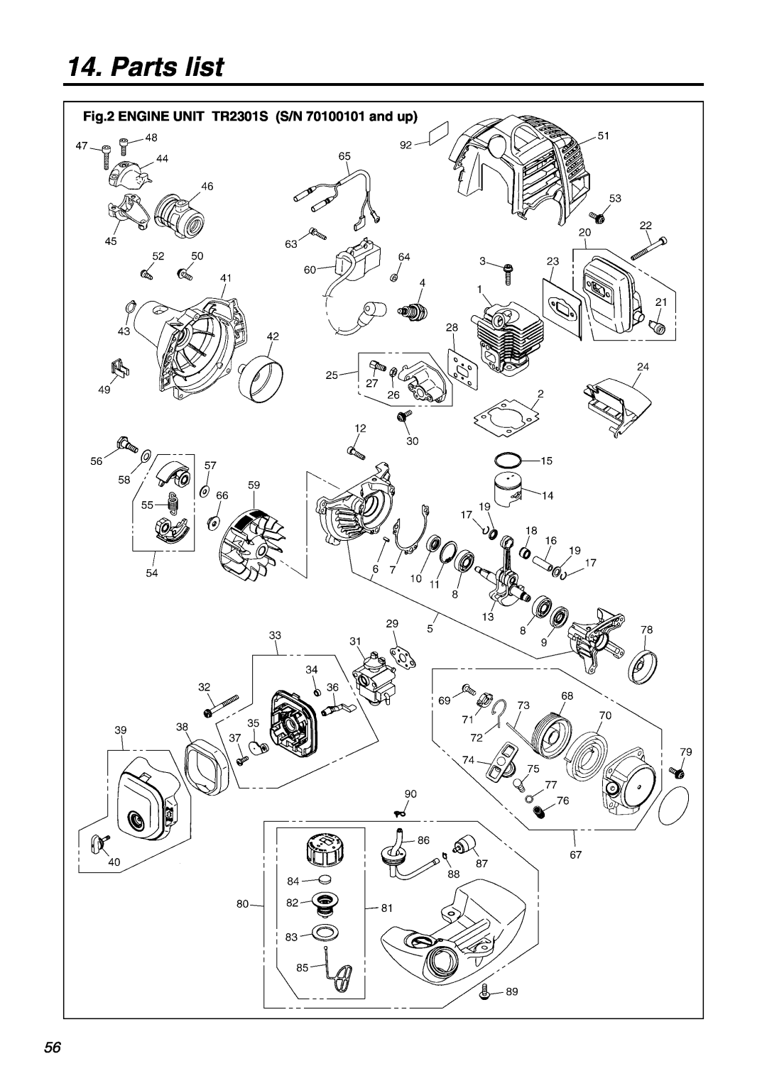 Zenoah manual Parts list, ENGINE UNIT TR2301S S/N 70100101 and up 